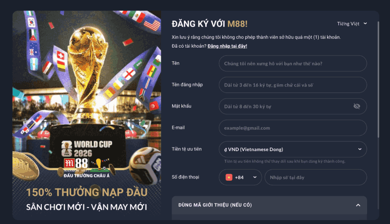 điền form đăng ký M88